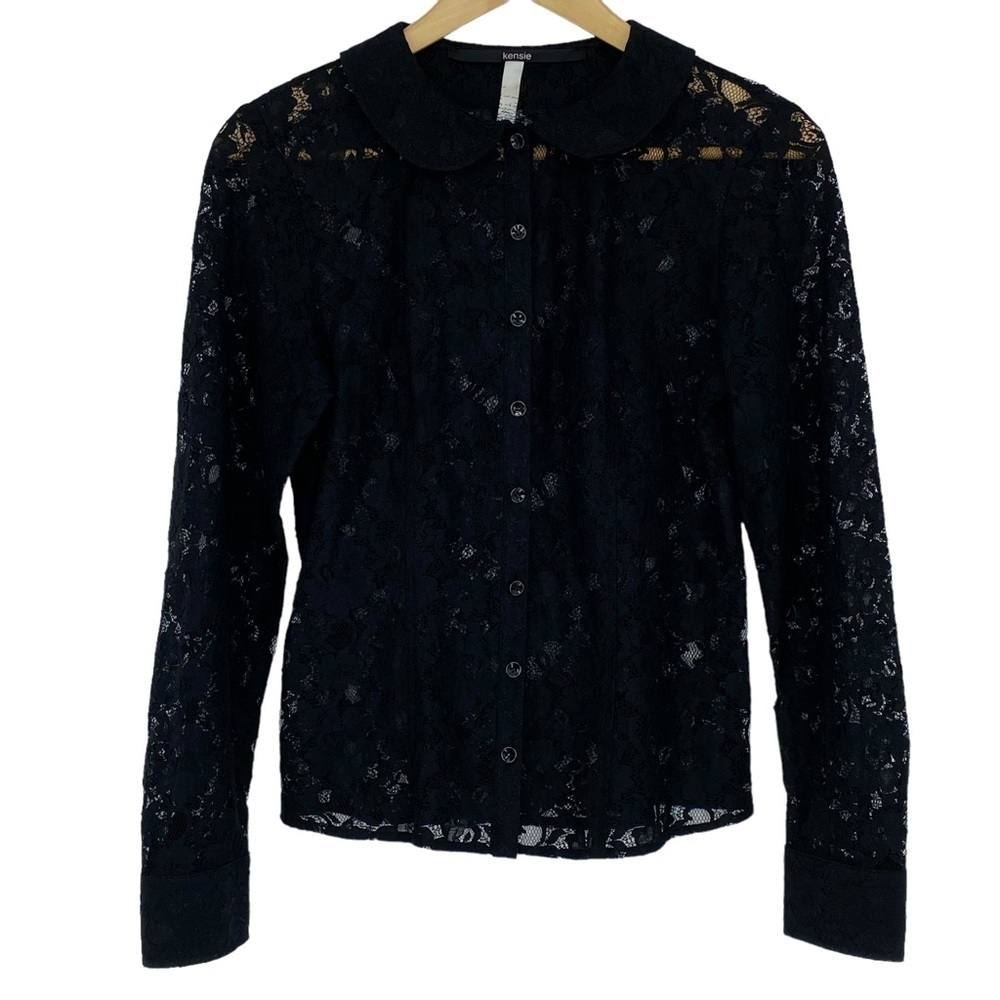 Kensie beautiful black lace button down LS top, M